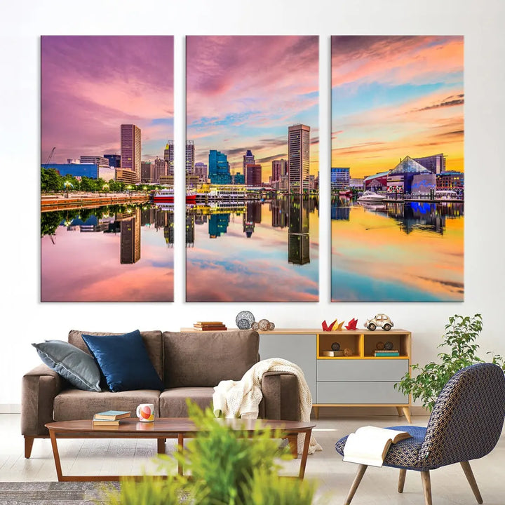 Pink Sunset over Baltimore Downtown Skyline Wall Art Print Canvas Decor