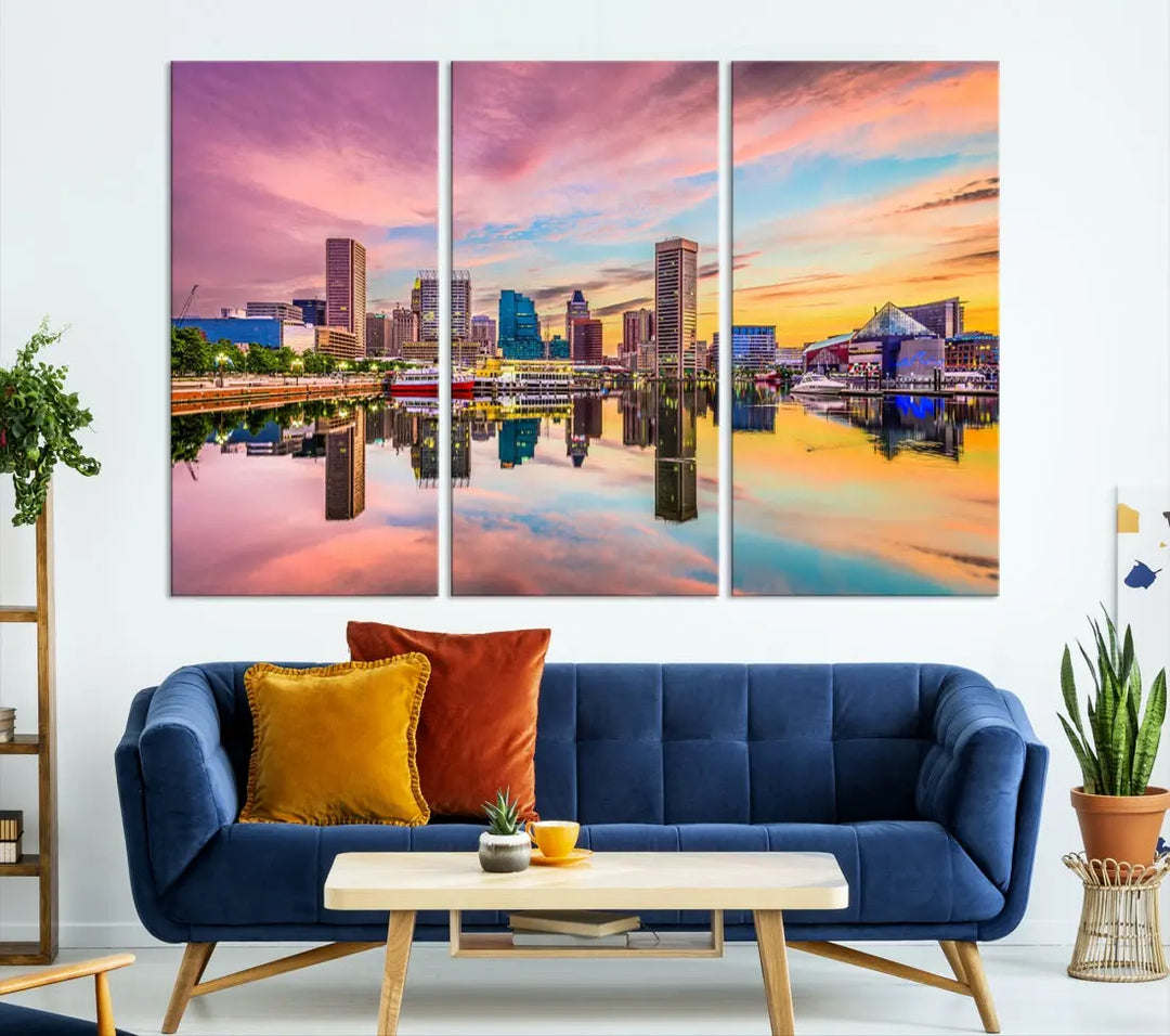 Pink Sunset over Baltimore Downtown Skyline Wall Art Print Canvas Decor