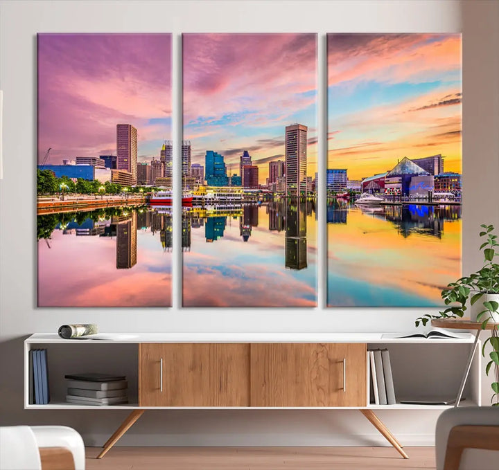 Pink Sunset over Baltimore Downtown Skyline Wall Art Print Canvas Decor