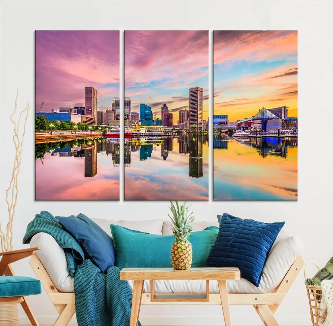 Pink Sunset over Baltimore Downtown Skyline Wall Art Print Canvas Decor