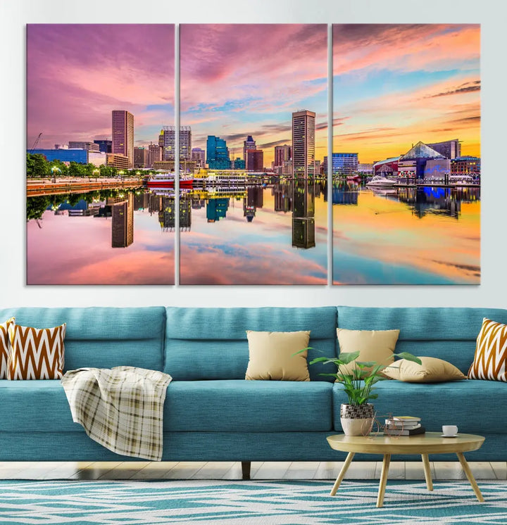 Pink Sunset over Baltimore Downtown Skyline Wall Art Print Canvas Decor