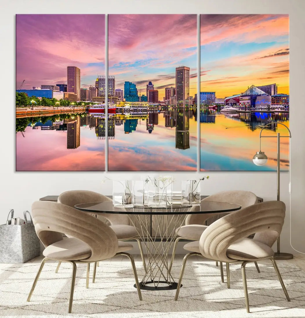 Pink Sunset over Baltimore Downtown Skyline Wall Art Print Canvas Decor