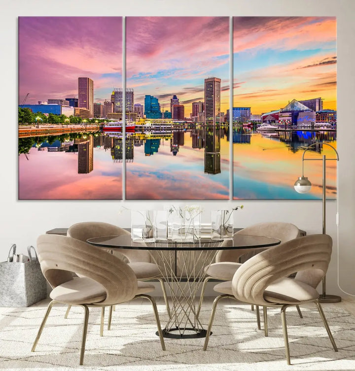 Pink Sunset over Baltimore Downtown Skyline Wall Art Print Canvas Decor