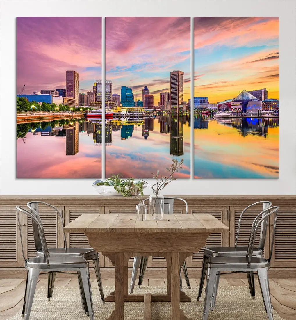 Pink Sunset over Baltimore Downtown Skyline Wall Art Print Canvas Decor