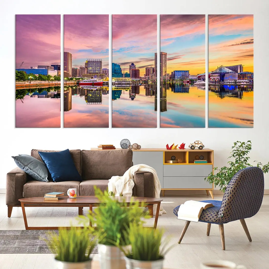 Pink Sunset over Baltimore Downtown Skyline Wall Art Print Canvas Decor