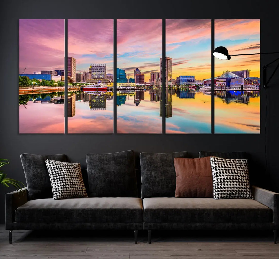 Pink Sunset over Baltimore Downtown Skyline Wall Art Print Canvas Decor