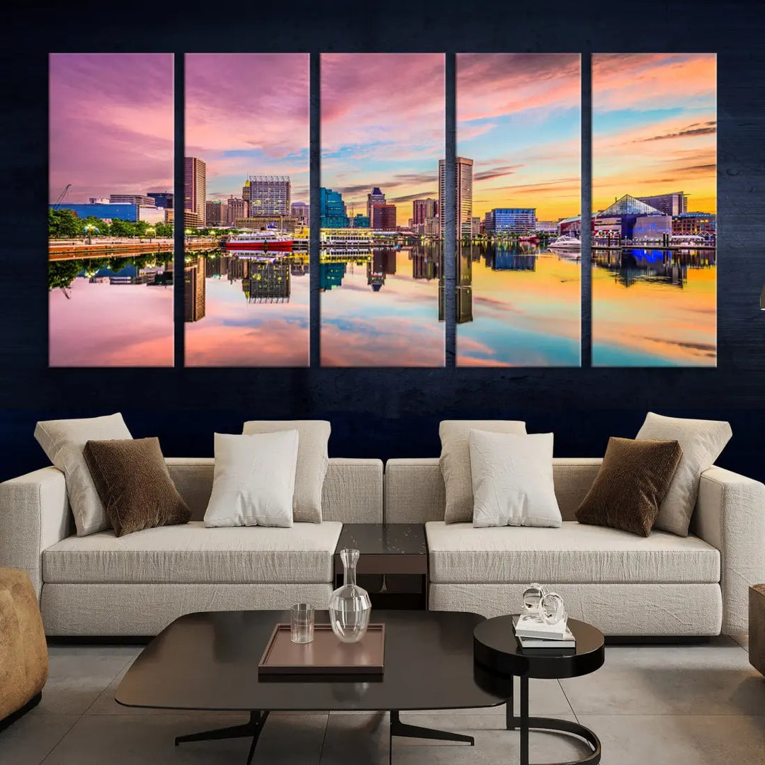 Pink Sunset over Baltimore Downtown Skyline Wall Art Print Canvas Decor