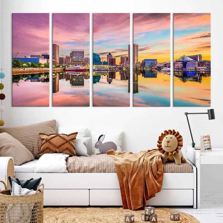 Pink Sunset over Baltimore Downtown Skyline Wall Art Print Canvas Decor