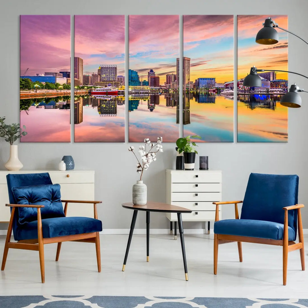 Pink Sunset over Baltimore Downtown Skyline Wall Art Print Canvas Decor