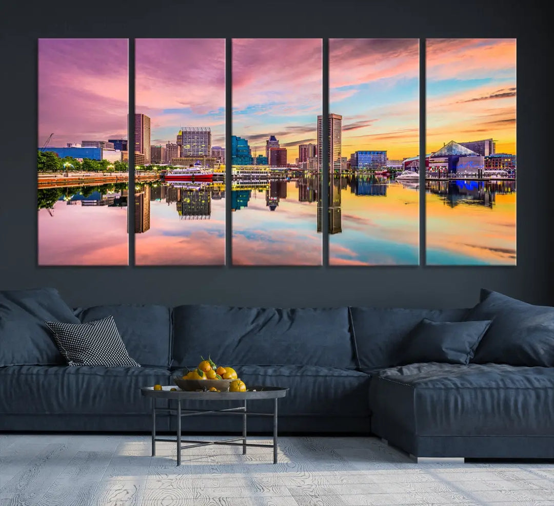 Pink Sunset over Baltimore Downtown Skyline Wall Art Print Canvas Decor