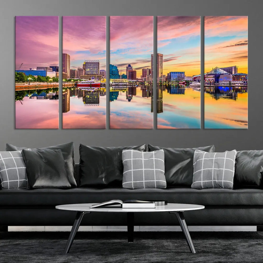 Pink Sunset over Baltimore Downtown Skyline Wall Art Print Canvas Decor