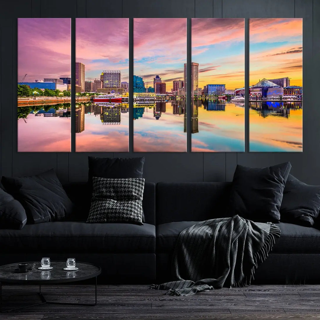 Pink Sunset over Baltimore Downtown Skyline Wall Art Print Canvas Decor