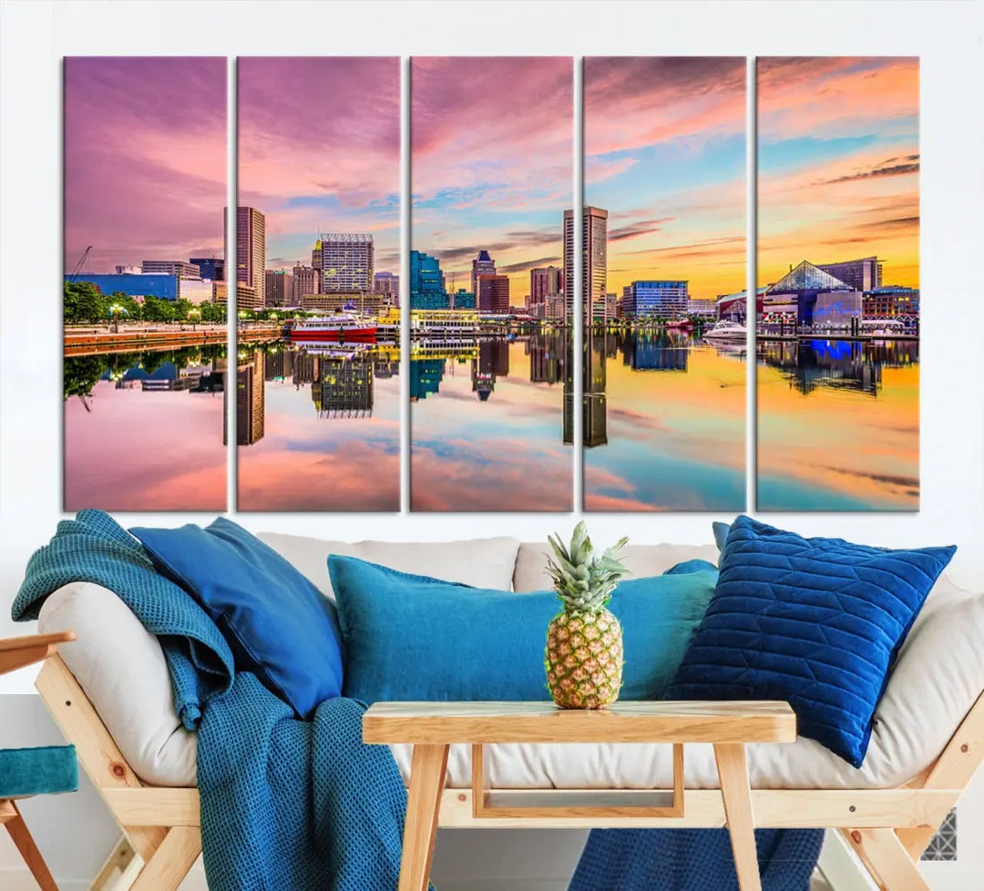 Pink Sunset over Baltimore Downtown Skyline Wall Art Print Canvas Decor