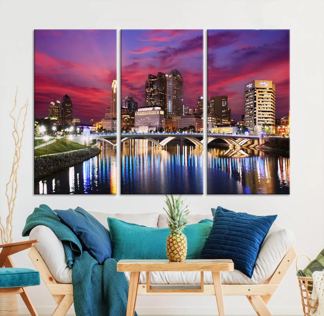 Pink and Purple Columbus Sunset Skyline Large Wall Art Canvas Print