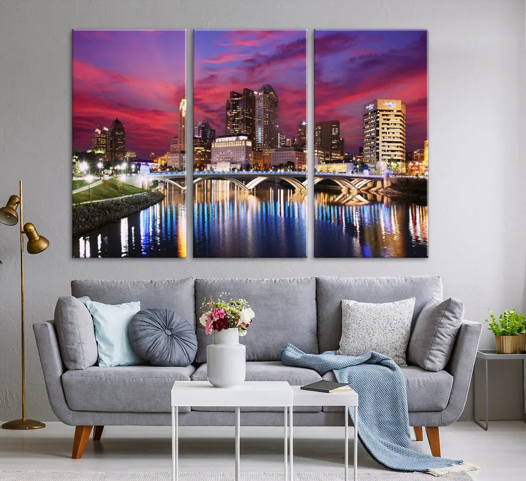 Pink and Purple Columbus Sunset Skyline Large Wall Art Canvas Print