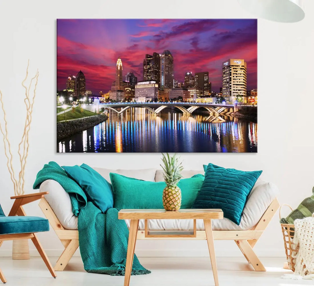 Pink and Purple Columbus Sunset Skyline Large Wall Art Canvas Print