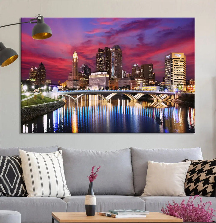 Pink and Purple Columbus Sunset Skyline Large Wall Art Canvas Print