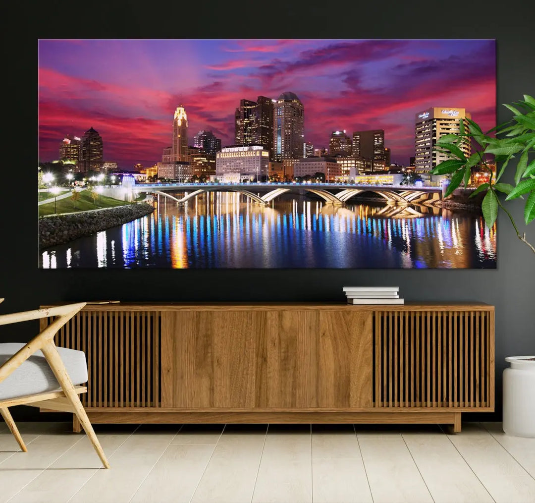 Pink and Purple Columbus Sunset Skyline Large Wall Art Canvas Print