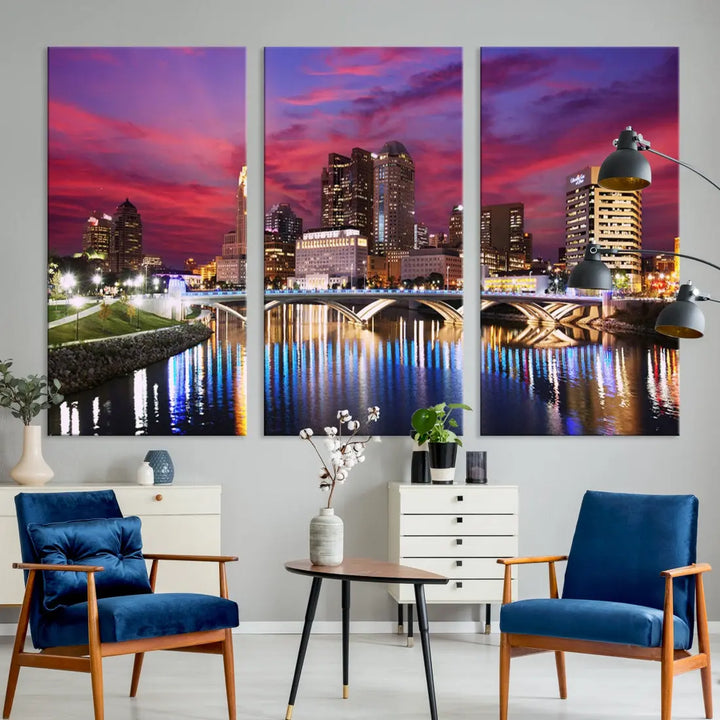 Pink and Purple Columbus Sunset Skyline Large Wall Art Canvas Print