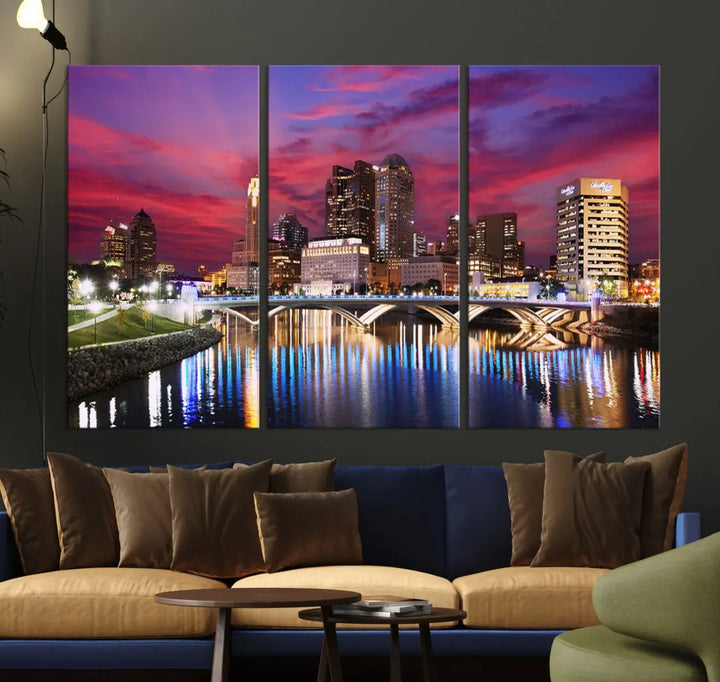 Pink and Purple Columbus Sunset Skyline Large Wall Art Canvas Print