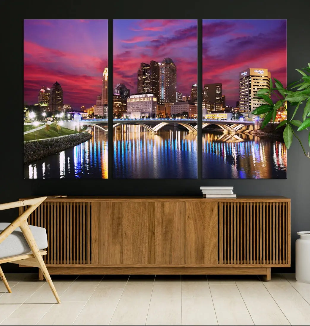 Pink and Purple Columbus Sunset Skyline Large Wall Art Canvas Print