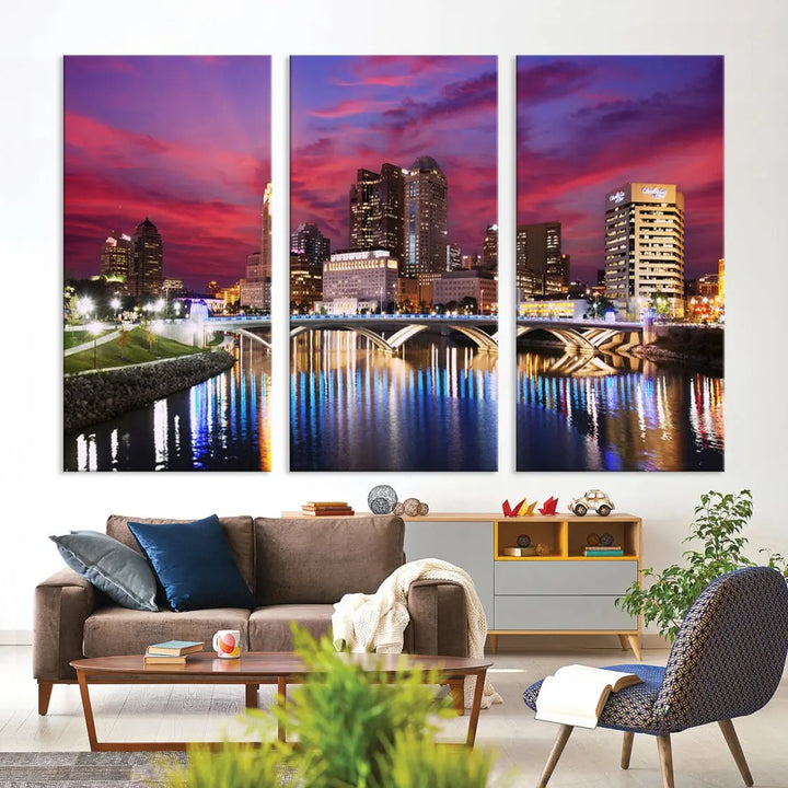 Pink and Purple Columbus Sunset Skyline Large Wall Art Canvas Print