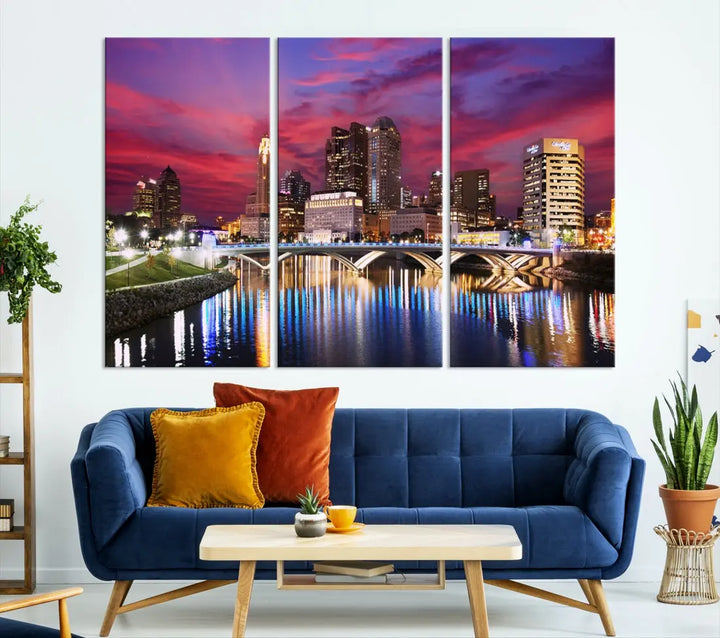 Pink and Purple Columbus Sunset Skyline Large Wall Art Canvas Print