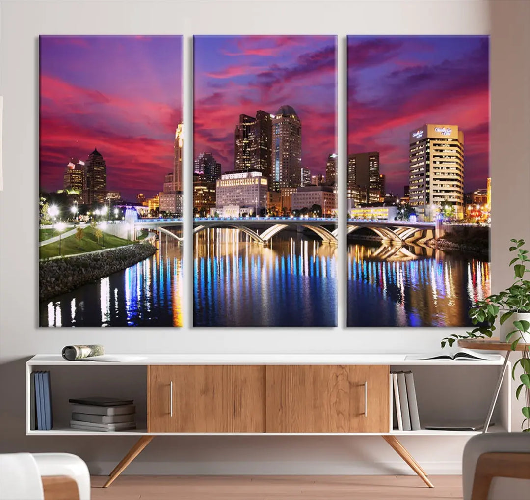 Pink and Purple Columbus Sunset Skyline Large Wall Art Canvas Print