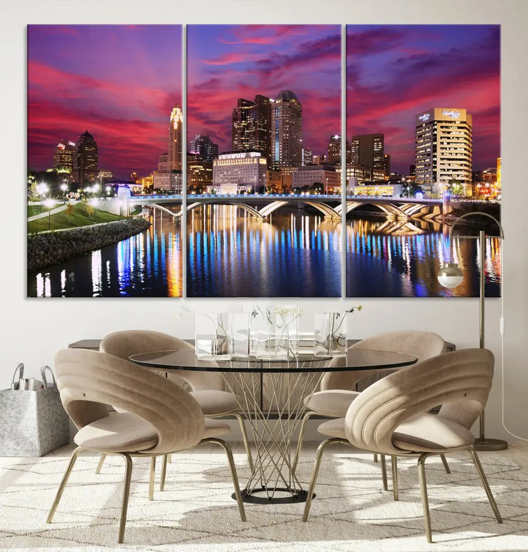 Pink and Purple Columbus Sunset Skyline Large Wall Art Canvas Print