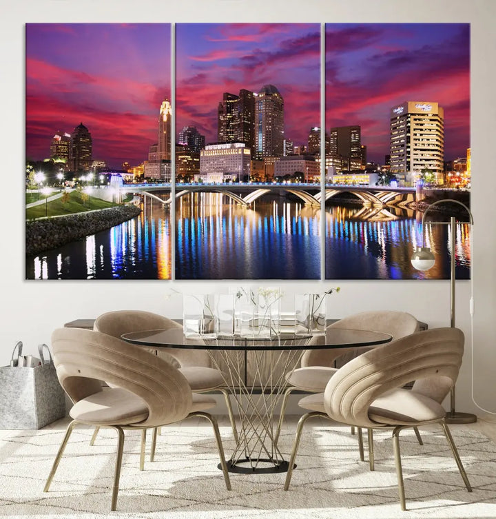 Pink and Purple Columbus Sunset Skyline Large Wall Art Canvas Print