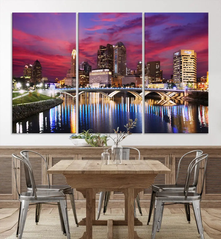 Pink and Purple Columbus Sunset Skyline Large Wall Art Canvas Print