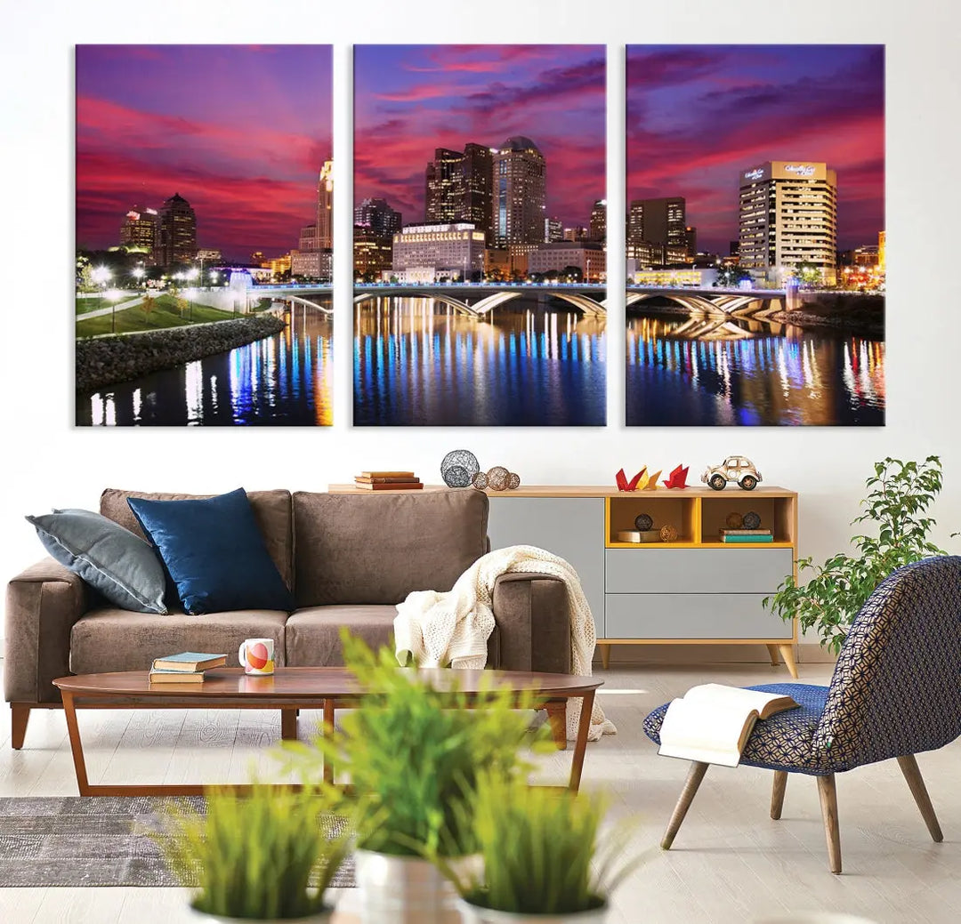 Pink and Purple Columbus Sunset Skyline Large Wall Art Canvas Print