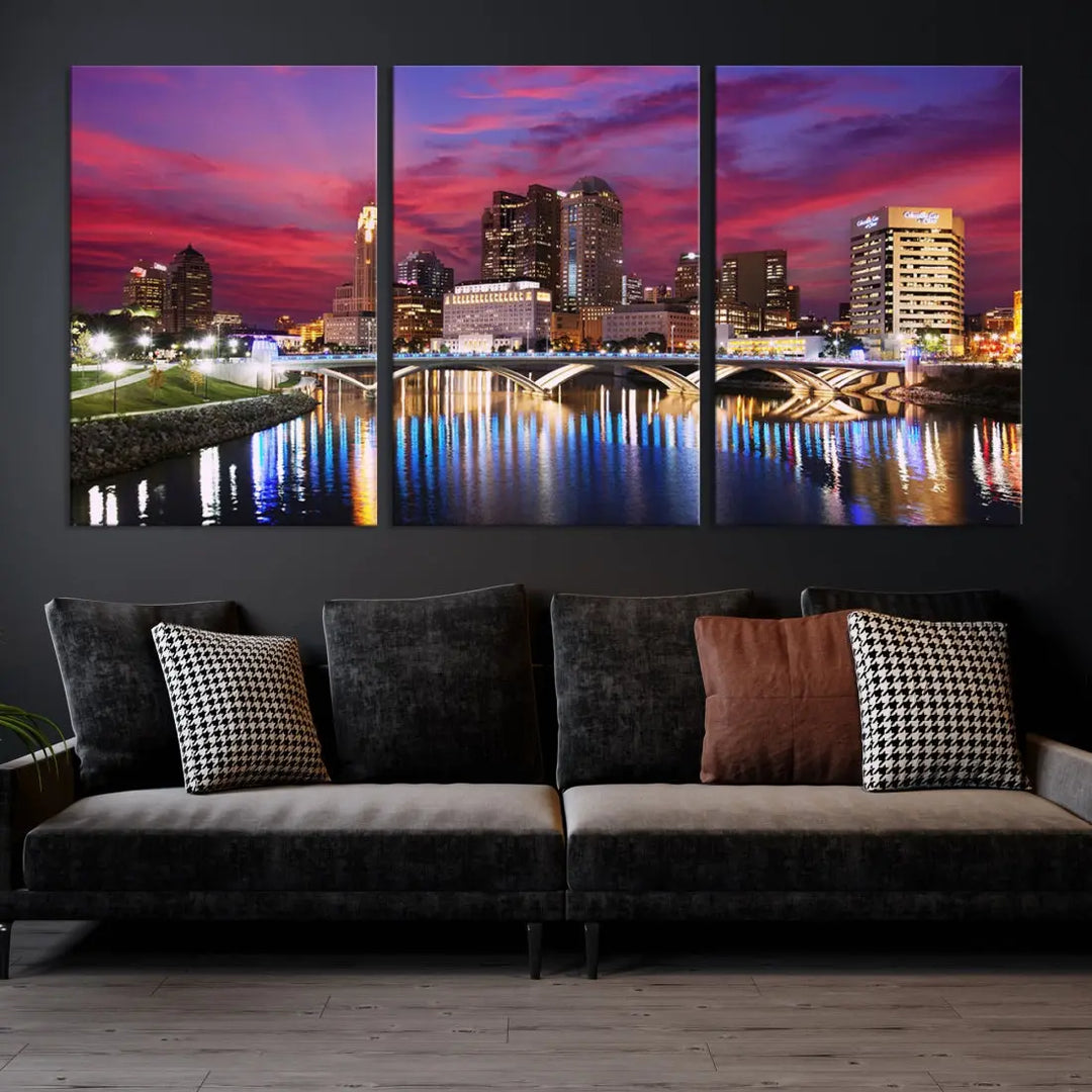 Pink and Purple Columbus Sunset Skyline Large Wall Art Canvas Print