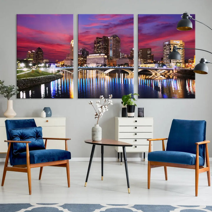 Pink and Purple Columbus Sunset Skyline Large Wall Art Canvas Print