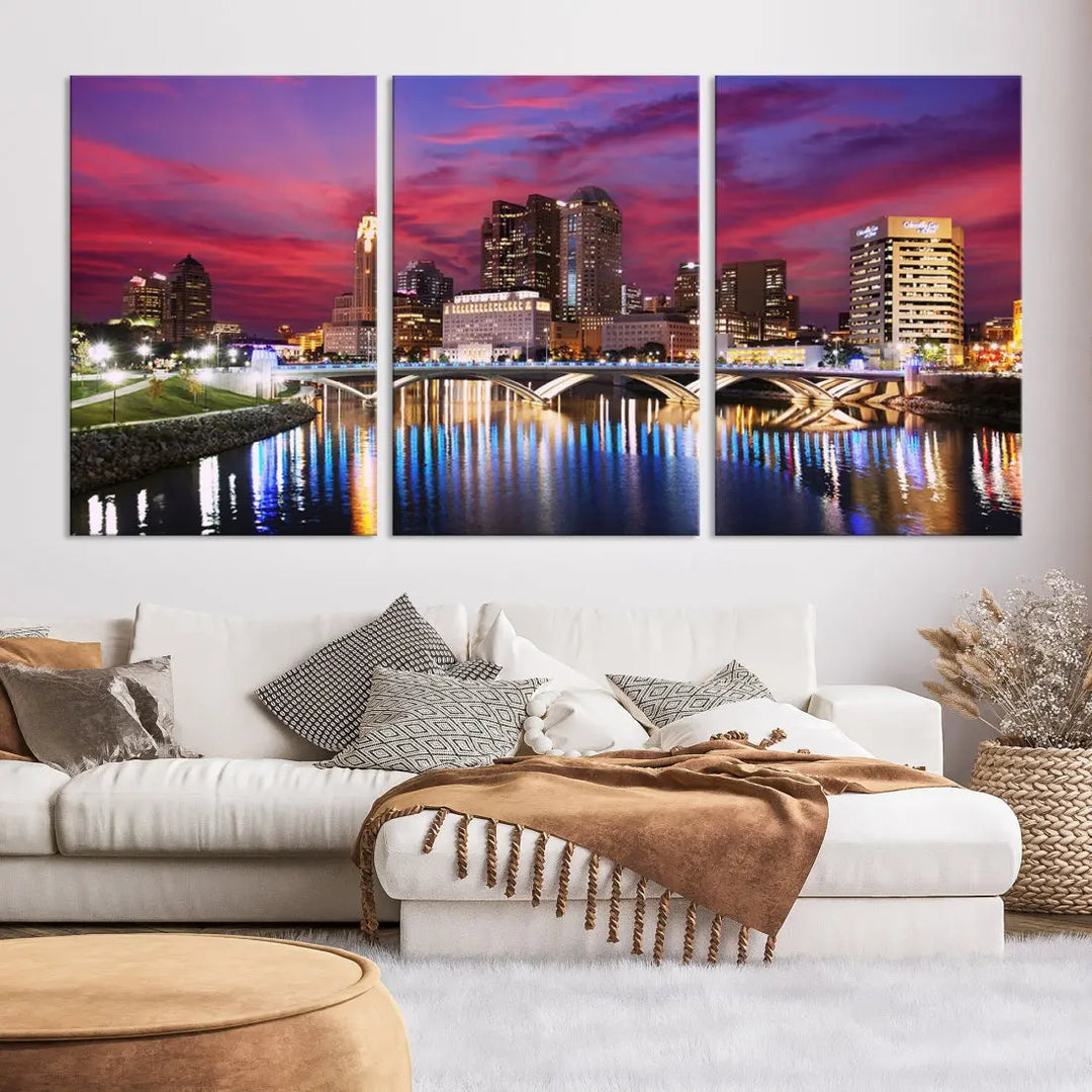 Pink and Purple Columbus Sunset Skyline Large Wall Art Canvas Print