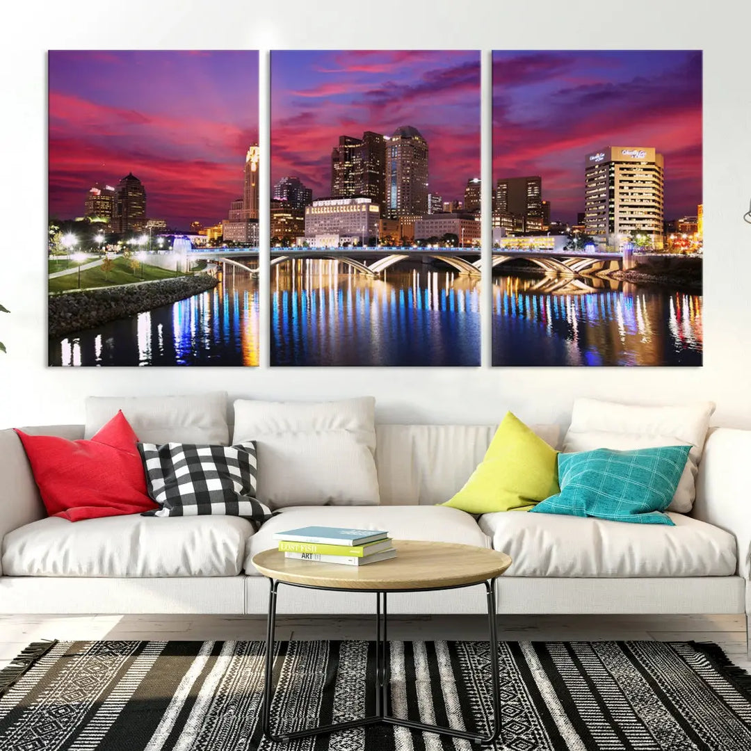 Pink and Purple Columbus Sunset Skyline Large Wall Art Canvas Print