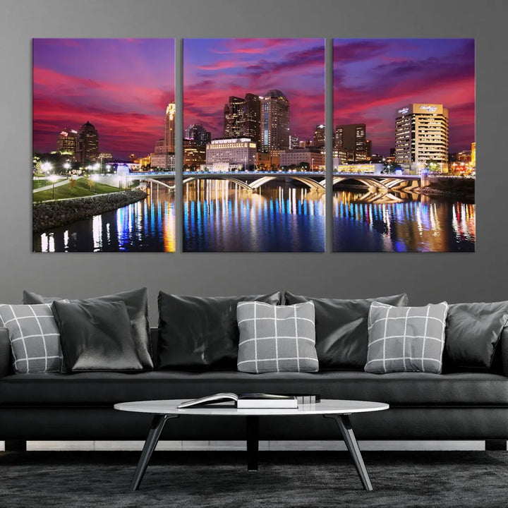 Pink and Purple Columbus Sunset Skyline Large Wall Art Canvas Print