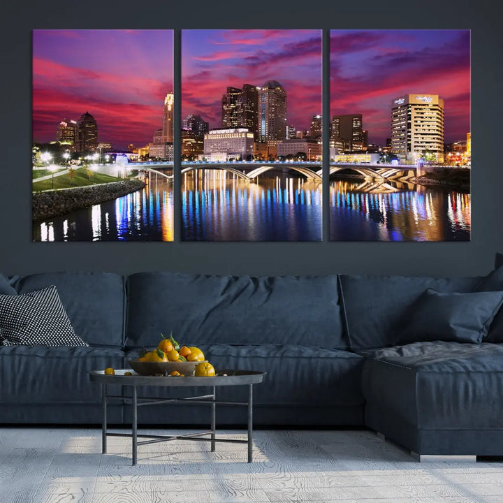 Pink and Purple Columbus Sunset Skyline Large Wall Art Canvas Print