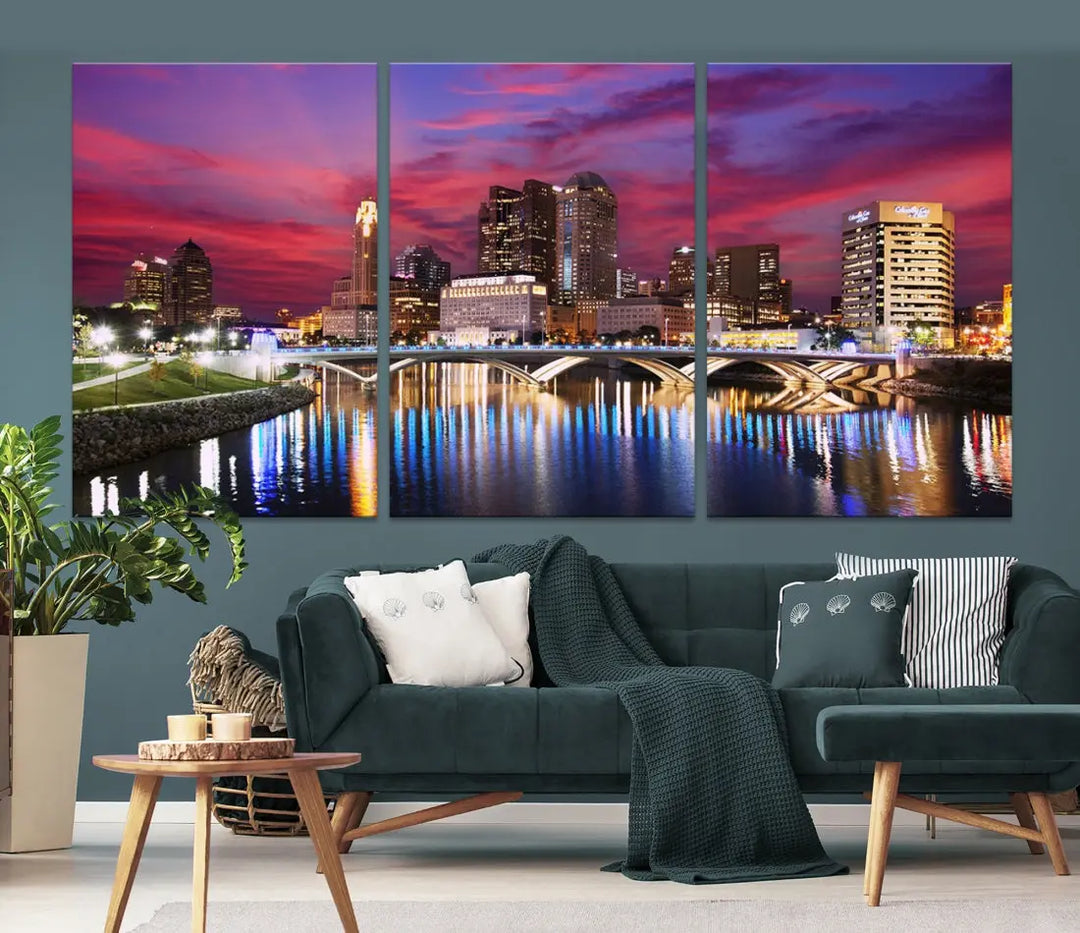 Pink and Purple Columbus Sunset Skyline Large Wall Art Canvas Print