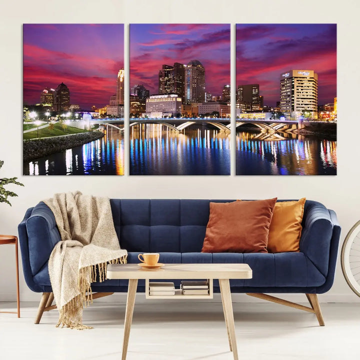 Pink and Purple Columbus Sunset Skyline Large Wall Art Canvas Print