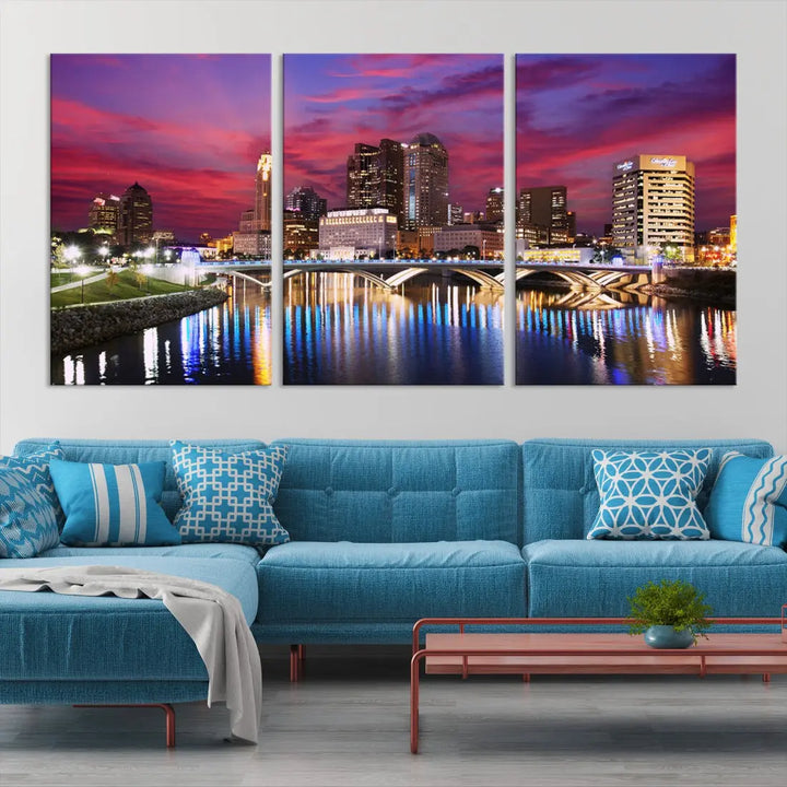 Pink and Purple Columbus Sunset Skyline Large Wall Art Canvas Print