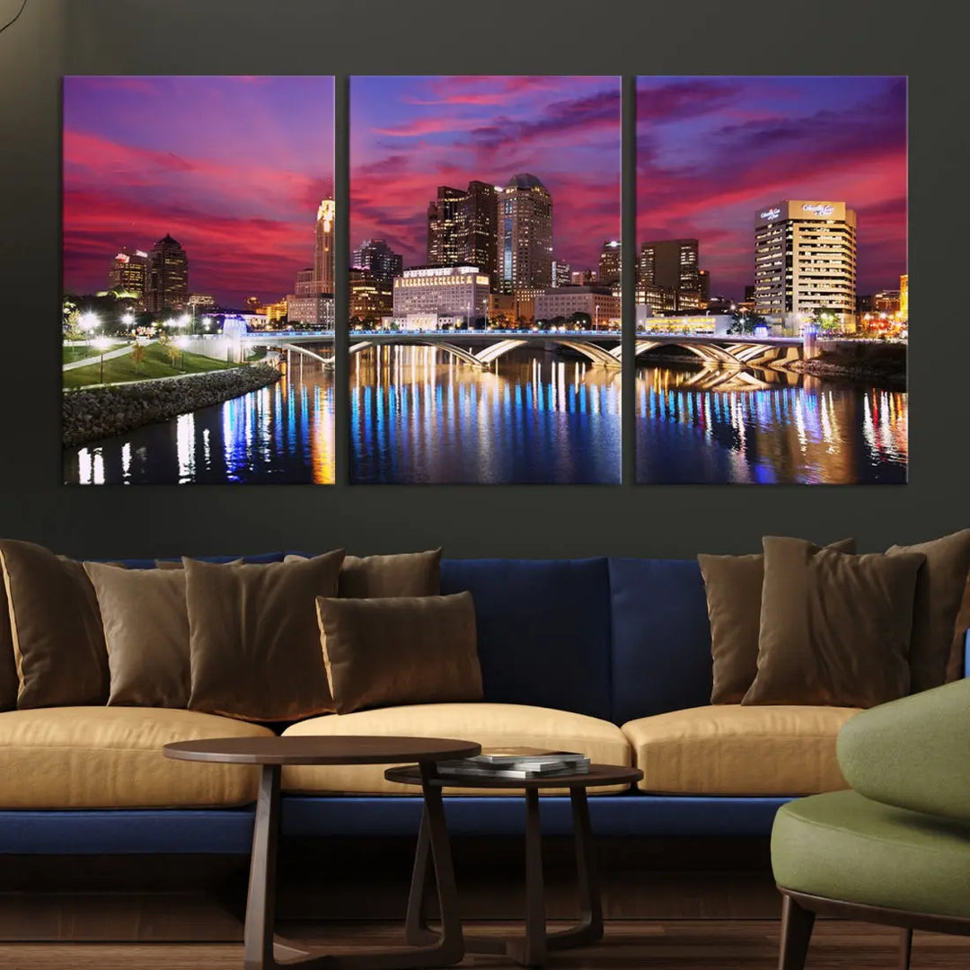 Pink and Purple Columbus Sunset Skyline Large Wall Art Canvas Print