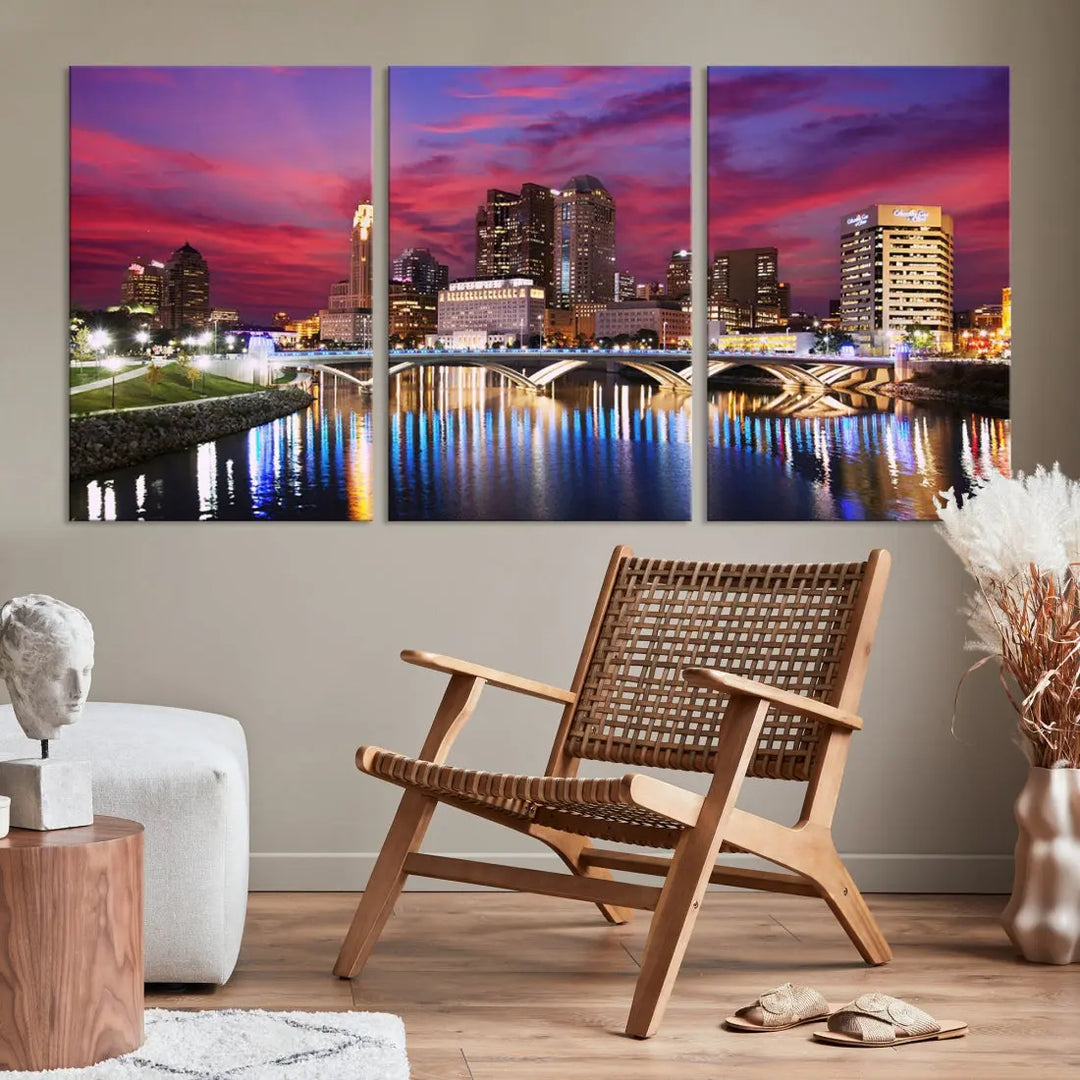 Pink and Purple Columbus Sunset Skyline Large Wall Art Canvas Print