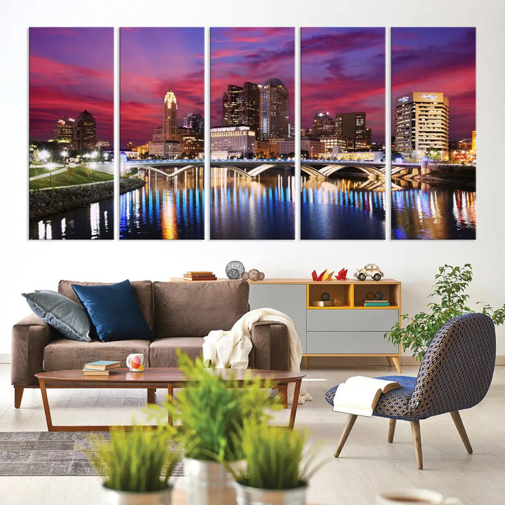 Pink and Purple Columbus Sunset Skyline Large Wall Art Canvas Print