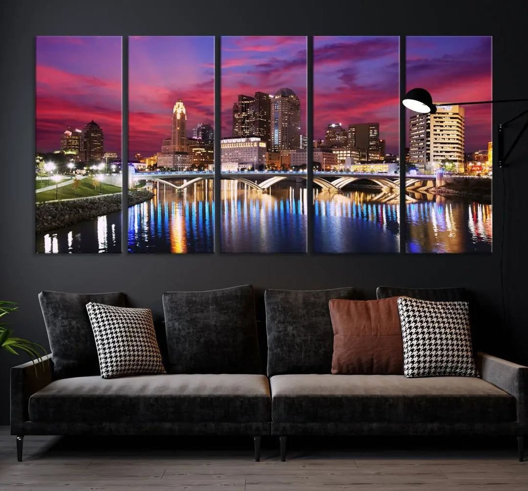 Pink and Purple Columbus Sunset Skyline Large Wall Art Canvas Print