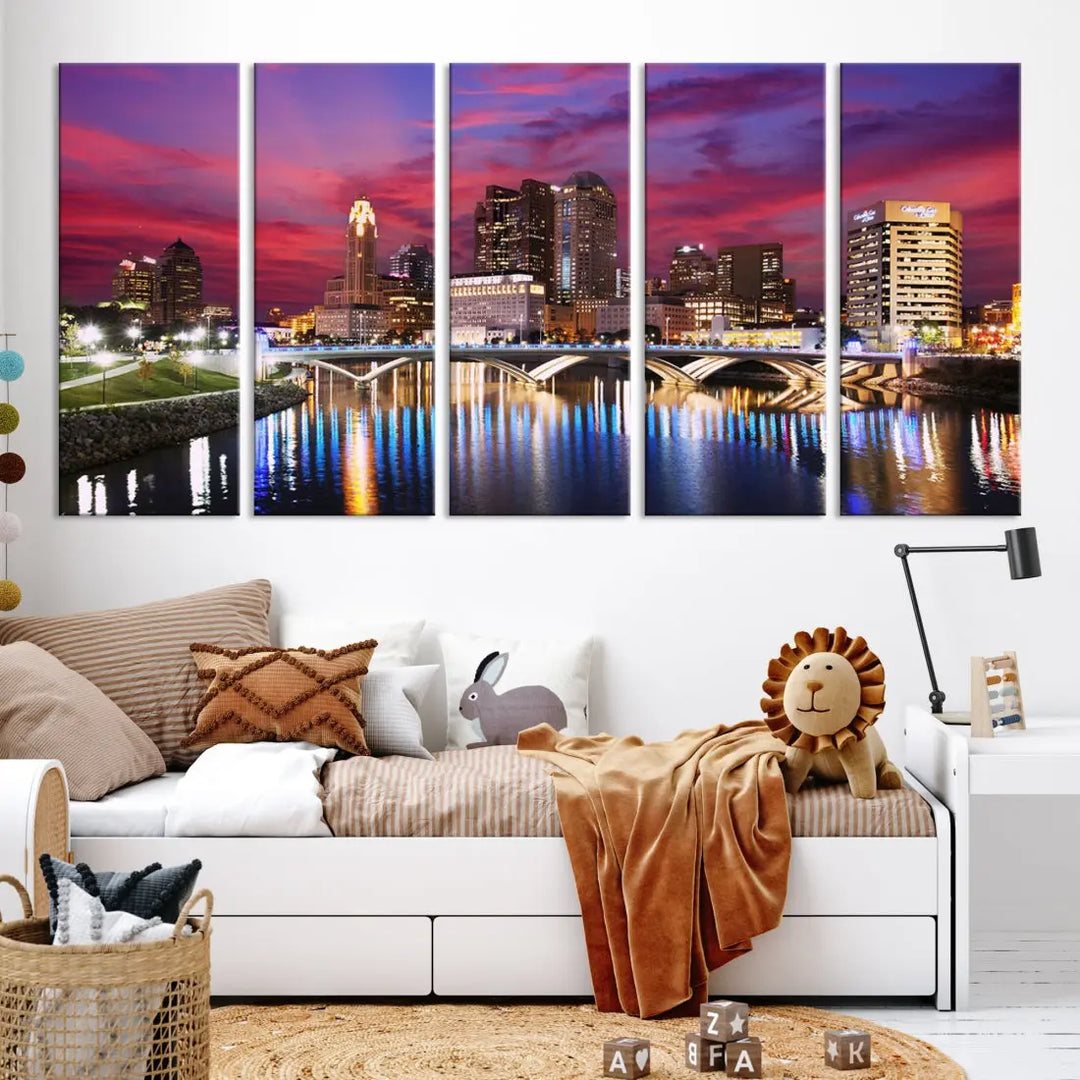 Pink and Purple Columbus Sunset Skyline Large Wall Art Canvas Print