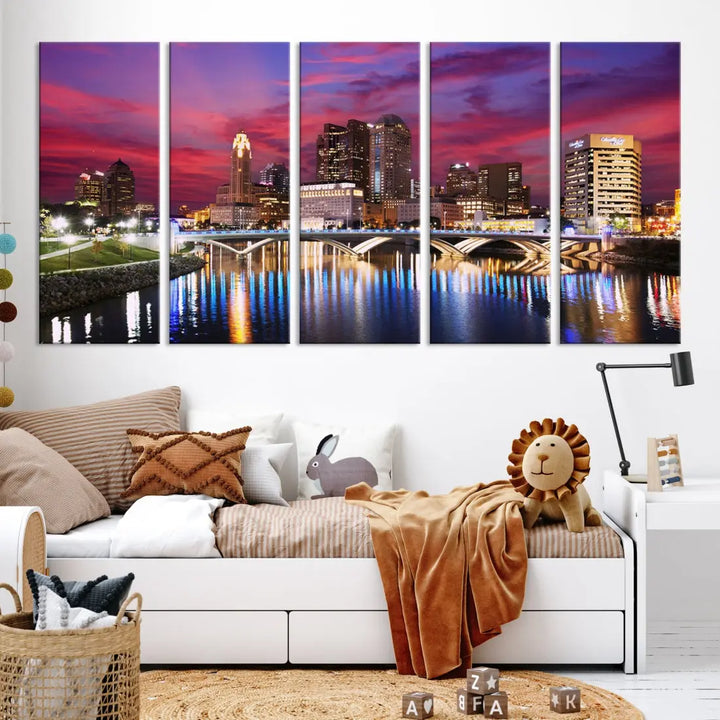 Pink and Purple Columbus Sunset Skyline Large Wall Art Canvas Print