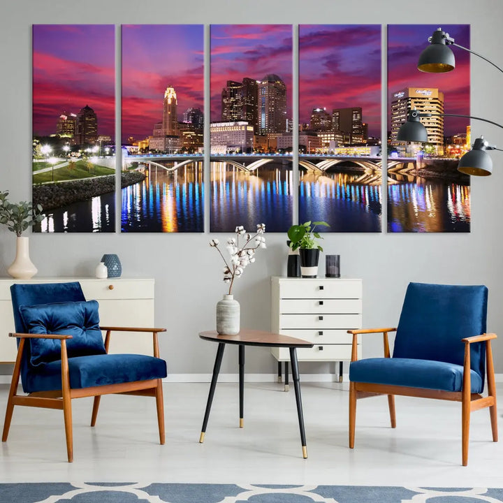 Pink and Purple Columbus Sunset Skyline Large Wall Art Canvas Print