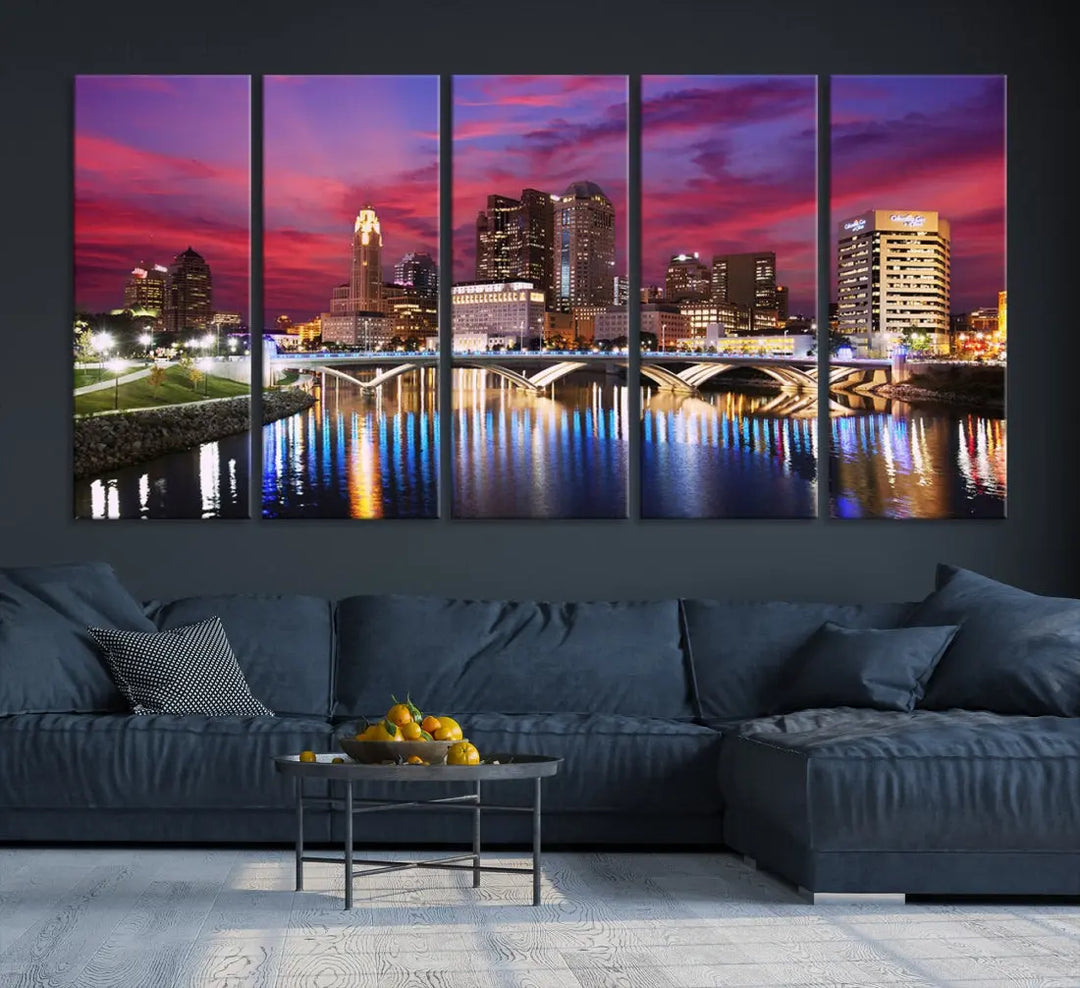 Pink and Purple Columbus Sunset Skyline Large Wall Art Canvas Print