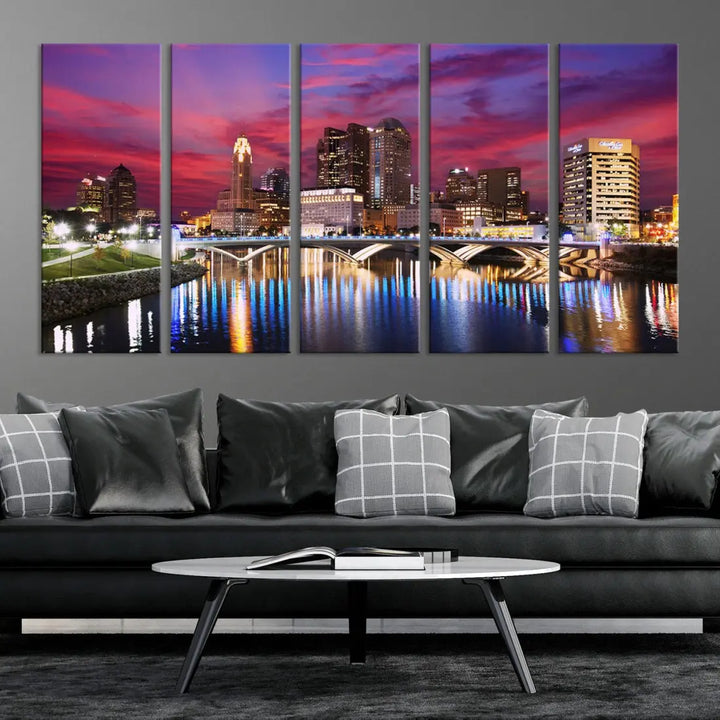 Pink and Purple Columbus Sunset Skyline Large Wall Art Canvas Print